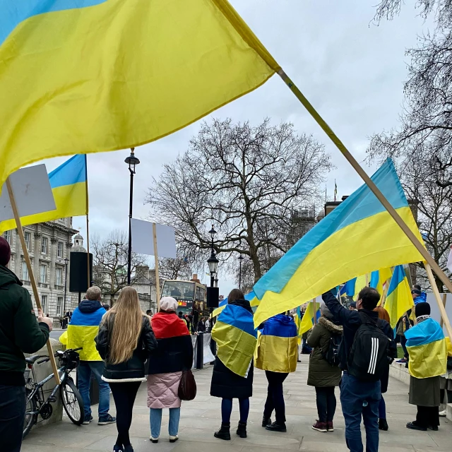 people are standing on the sidewalk holding flags