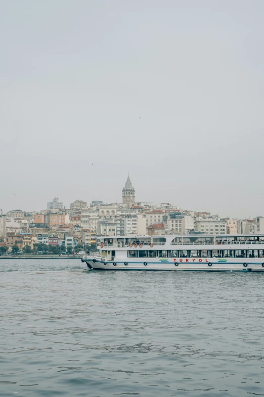 a boat is on the water near a city