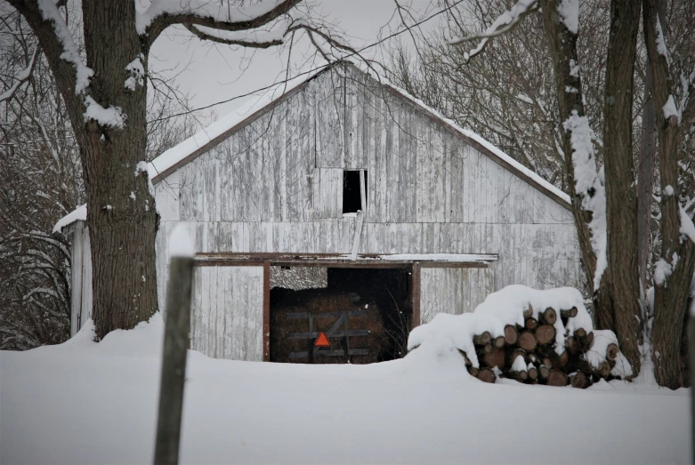 there is snow falling on the trees surrounding a barn