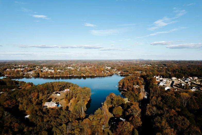 an aerial view of a lake surrounded by lots of trees