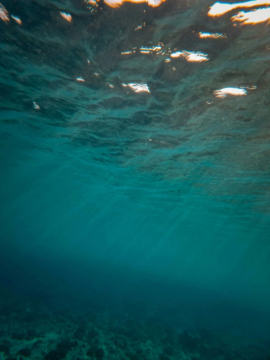 a man swimming under water with sun shining through the water