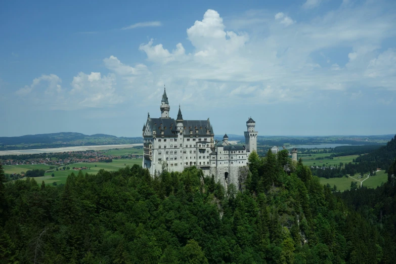 the view of a castle surrounded by a forest on a beautiful day