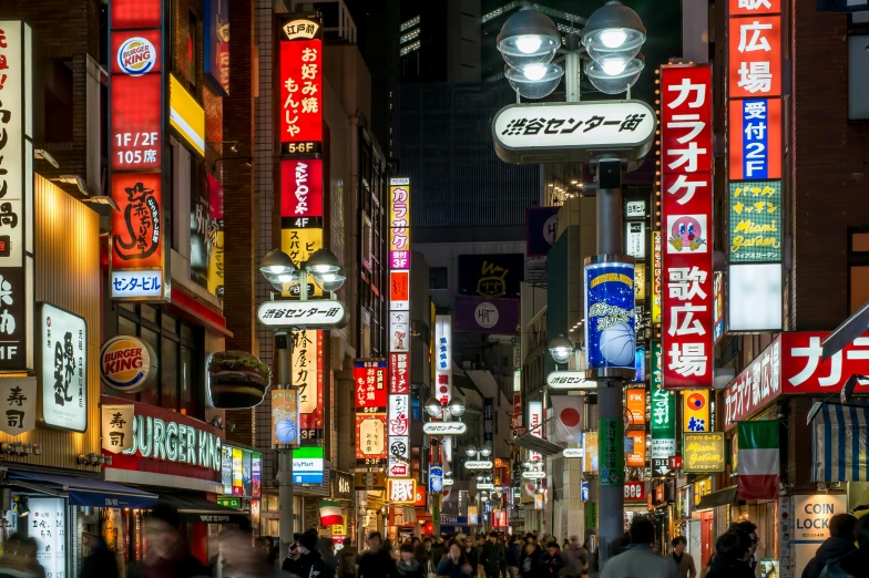 the nightlife streets of a business district in tokyo, japan