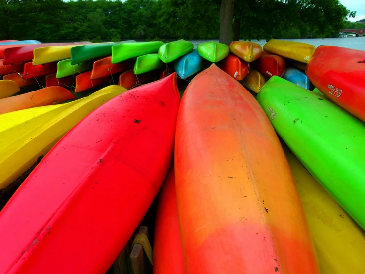 colorful kayaks all leaning in a row next to each other