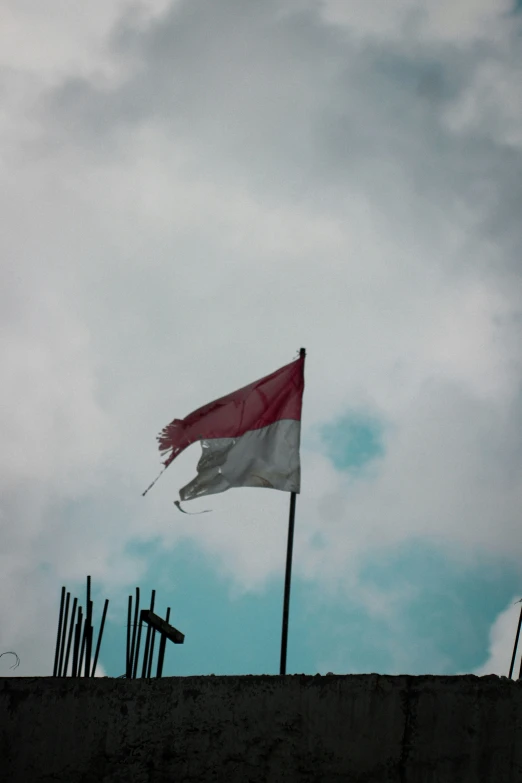 two flags sitting next to each other on top of a hill