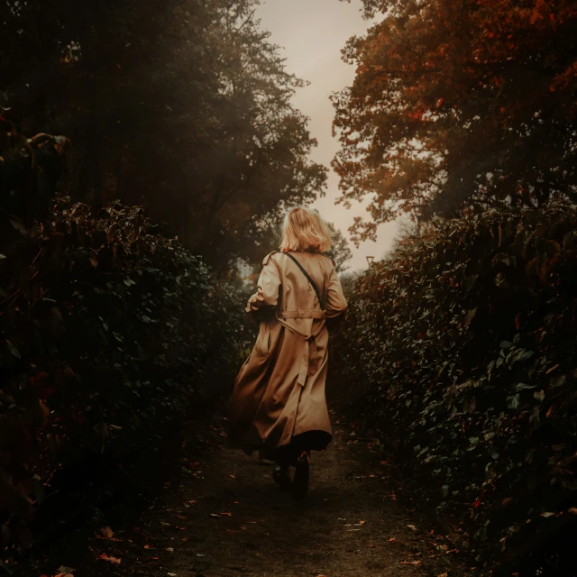 a person is walking through the woods on a path