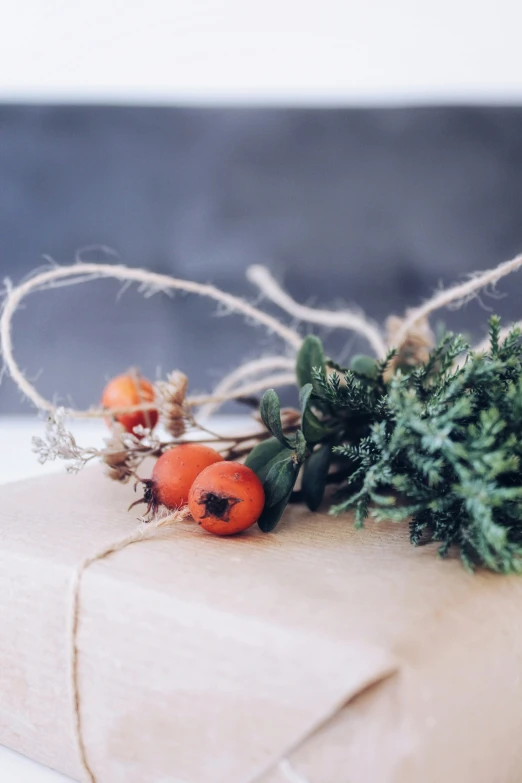 a wrapped gift with fresh herbs and berries