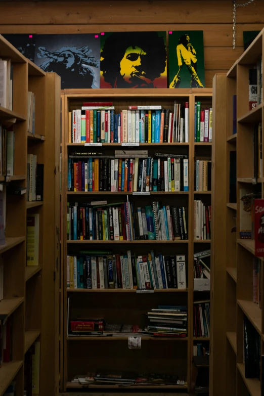 several books are stacked on the shelves in this bookstore