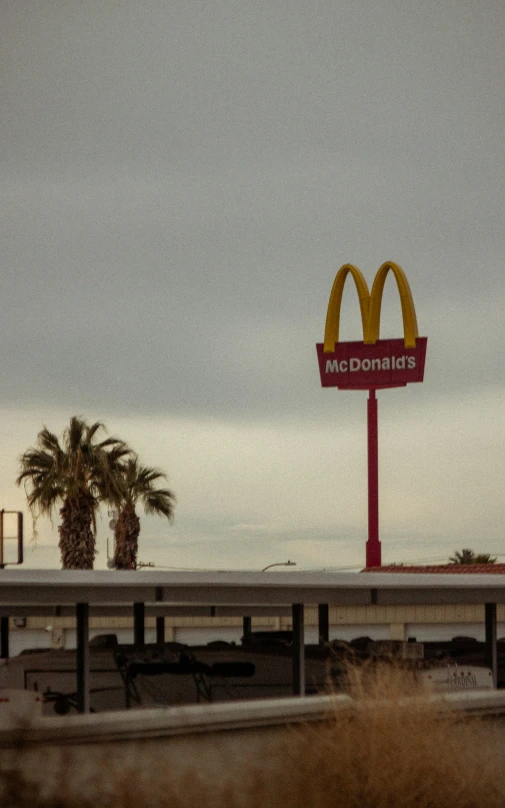 a mcdonald's sign is shown in the foreground and palm trees