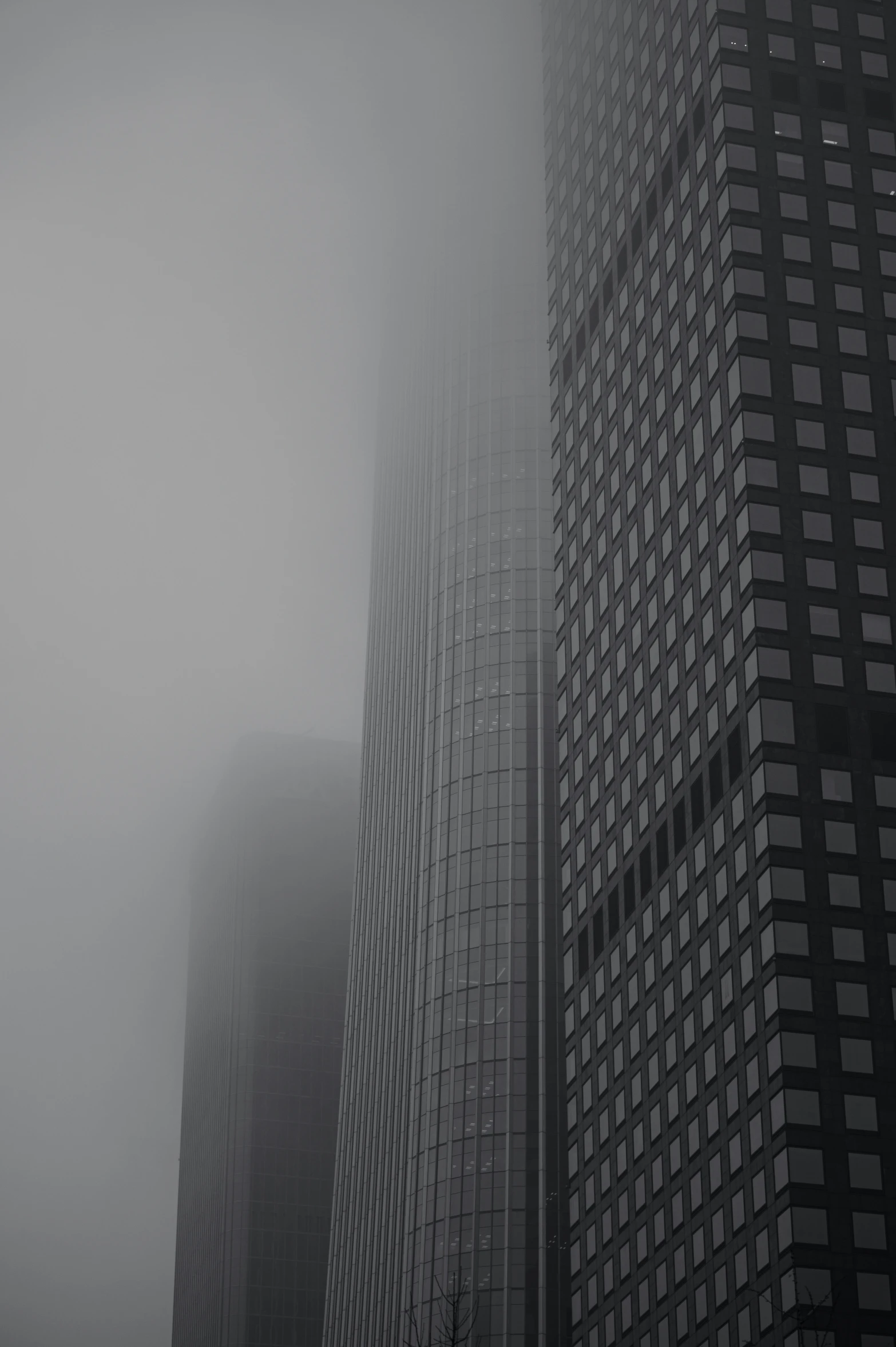 a couple of large buildings covered in fog