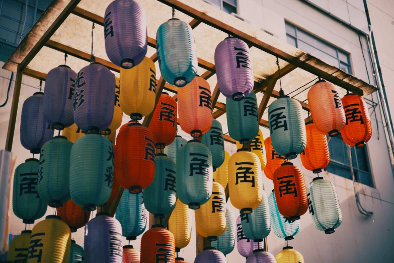 lanterns hanging in a row at an oriental market