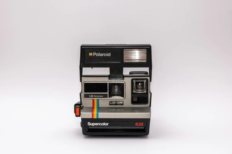 the polaroid camera is sitting upright on top of a table