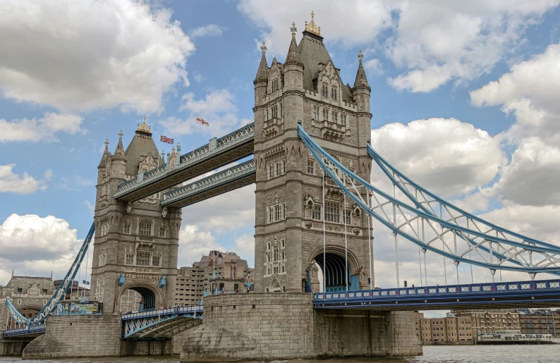 a large bridge crossing over the water underneath a cloudy blue sky