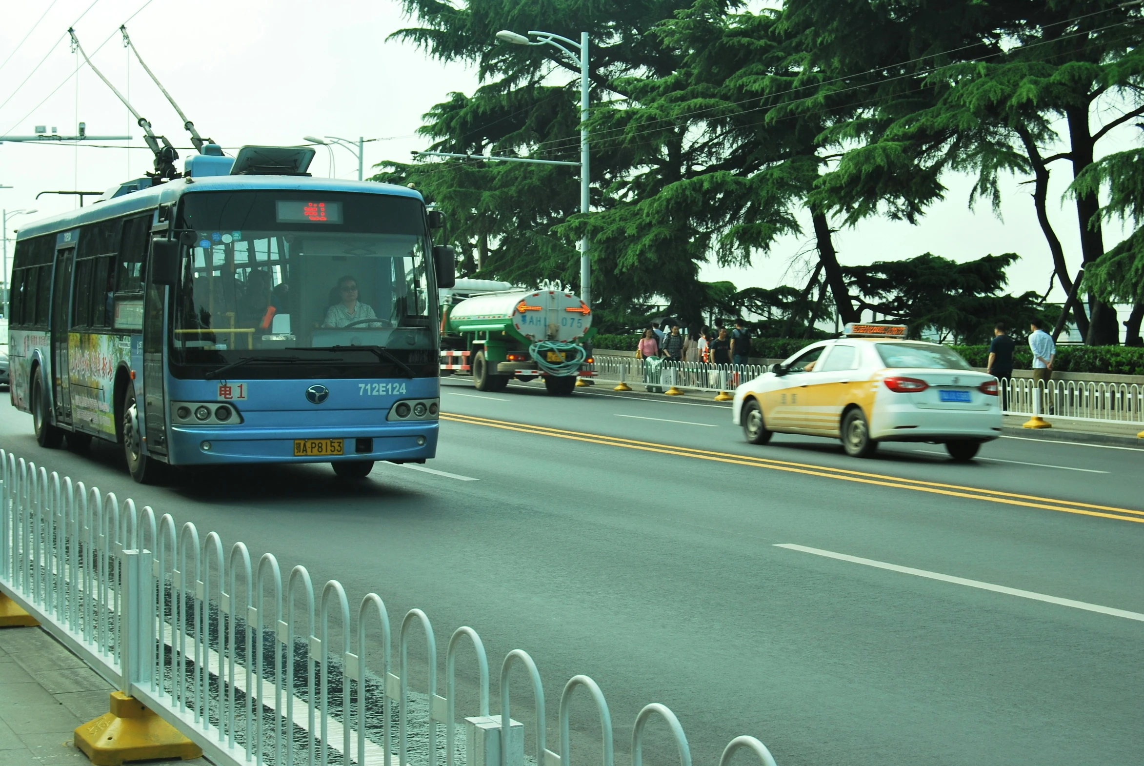 bus, car and truck on a road with trees