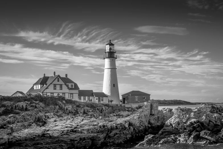 a black and white po shows the lighthouse