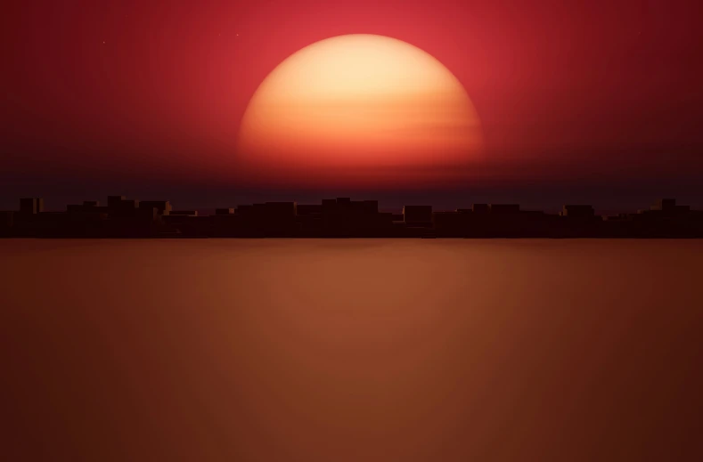 a view of an orange sun with the city in the background