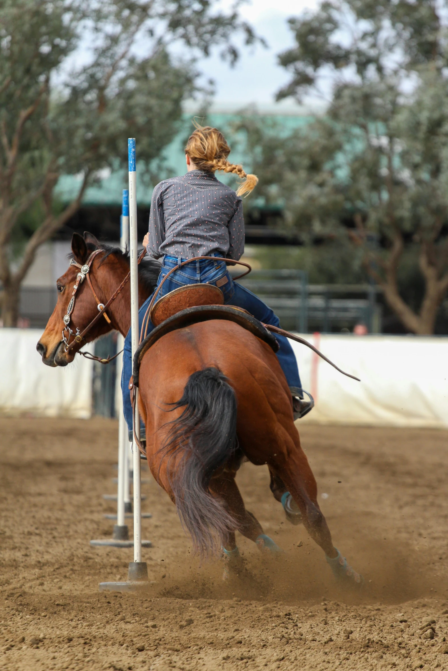 a woman rides a horse around poles in an arena