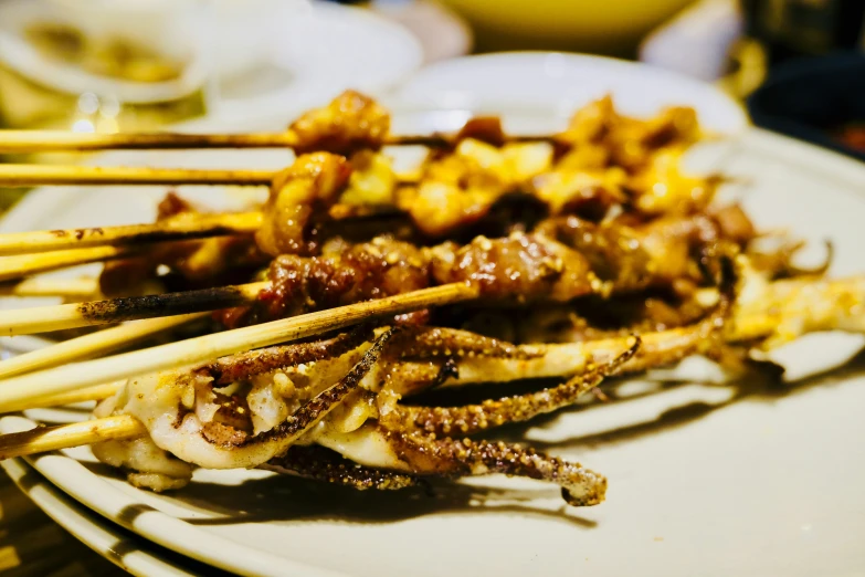 grilled octo on skewers with ketchup and onions