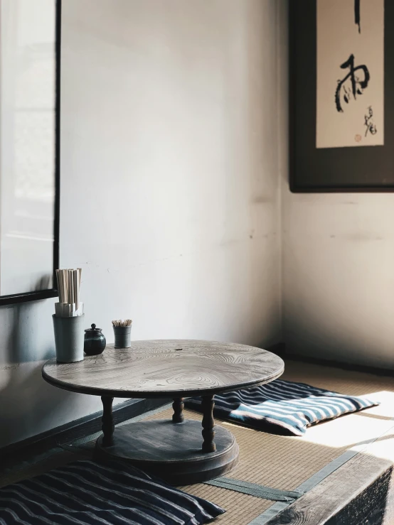 a very small coffee table in a room