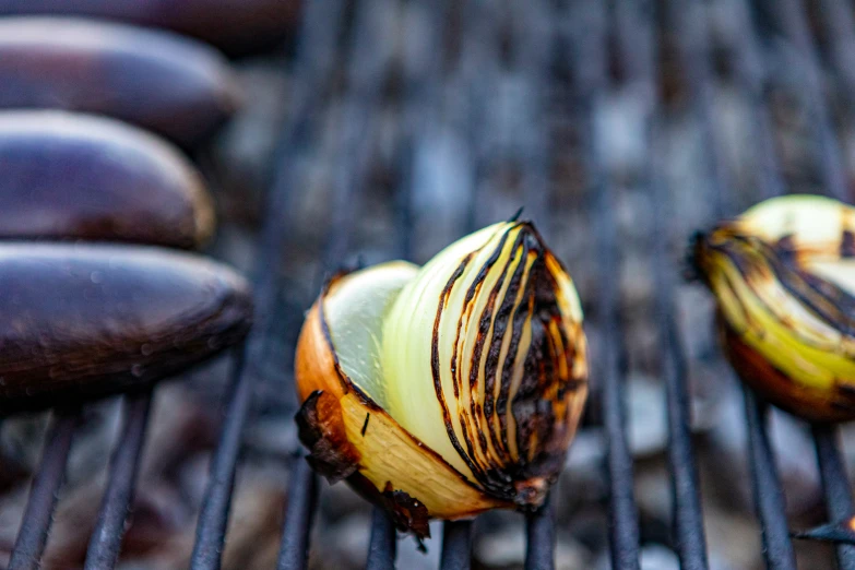 food being cooked on the grill with onions and other foods