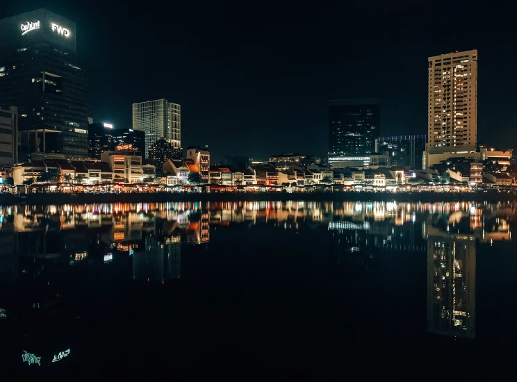 city lights reflected in the still waters of a body of water