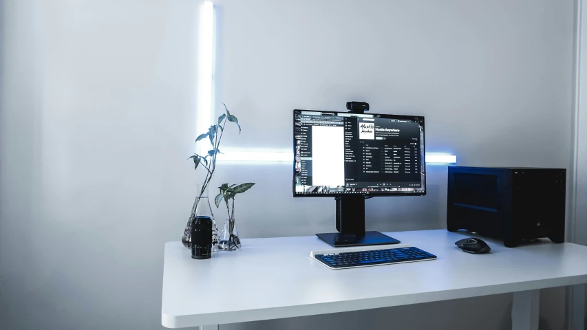 a desk with a computer monitor and keyboard