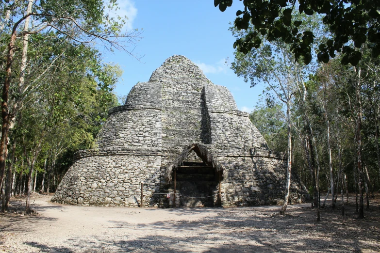 an old building in the woods is surrounded by trees