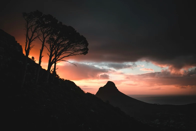 a large rock and trees on a mountain at dusk