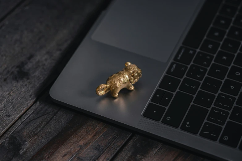 a gold foiled stuffed animal on a laptop keyboard