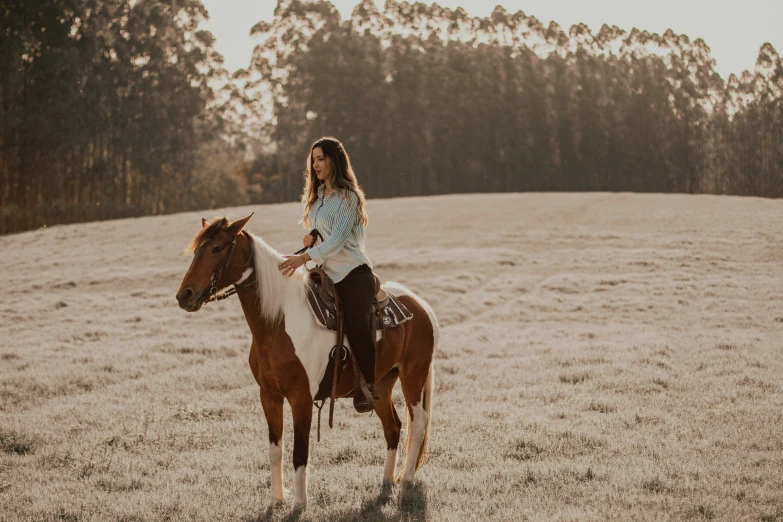 a woman is riding a horse in a field