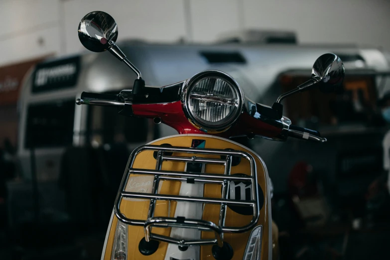 the rear view of a motorcycle with a cage on the front