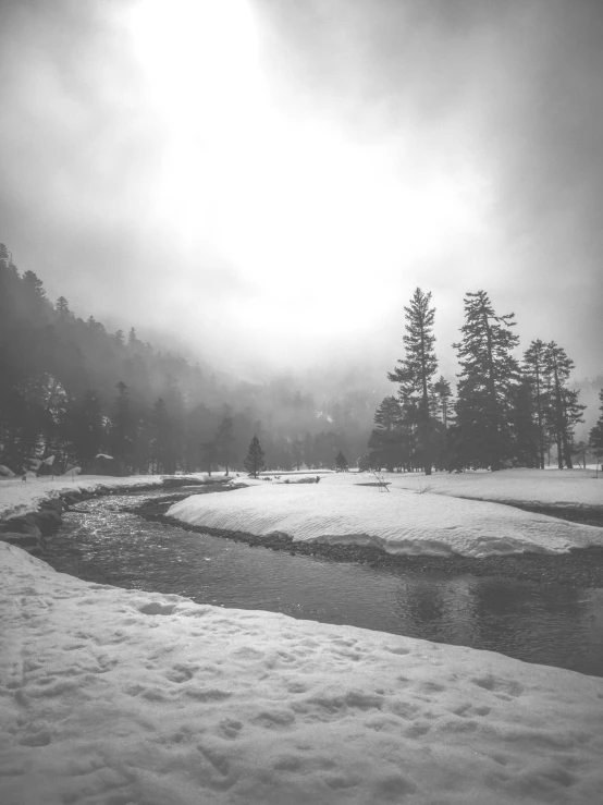 a black and white po of a snow covered field