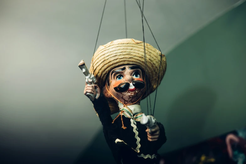 an overhead view of the puppet clown holding his head down