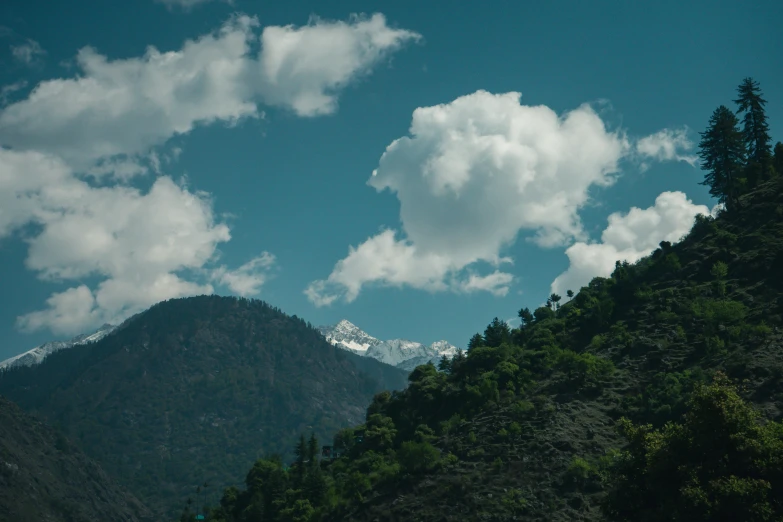 a mountain with white clouds and some trees