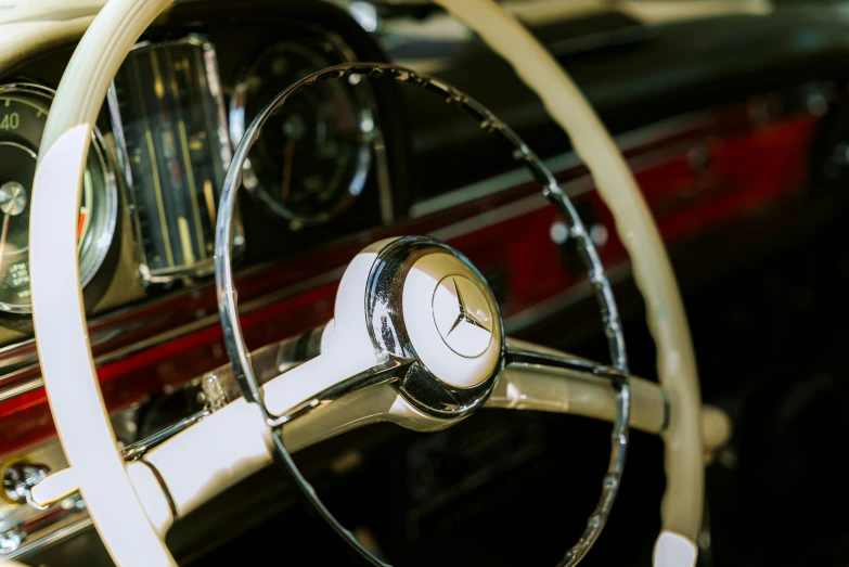 steering wheel and dashboard in a classic car