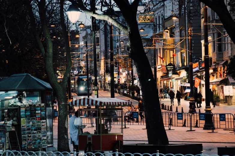 a person standing under trees next to buildings