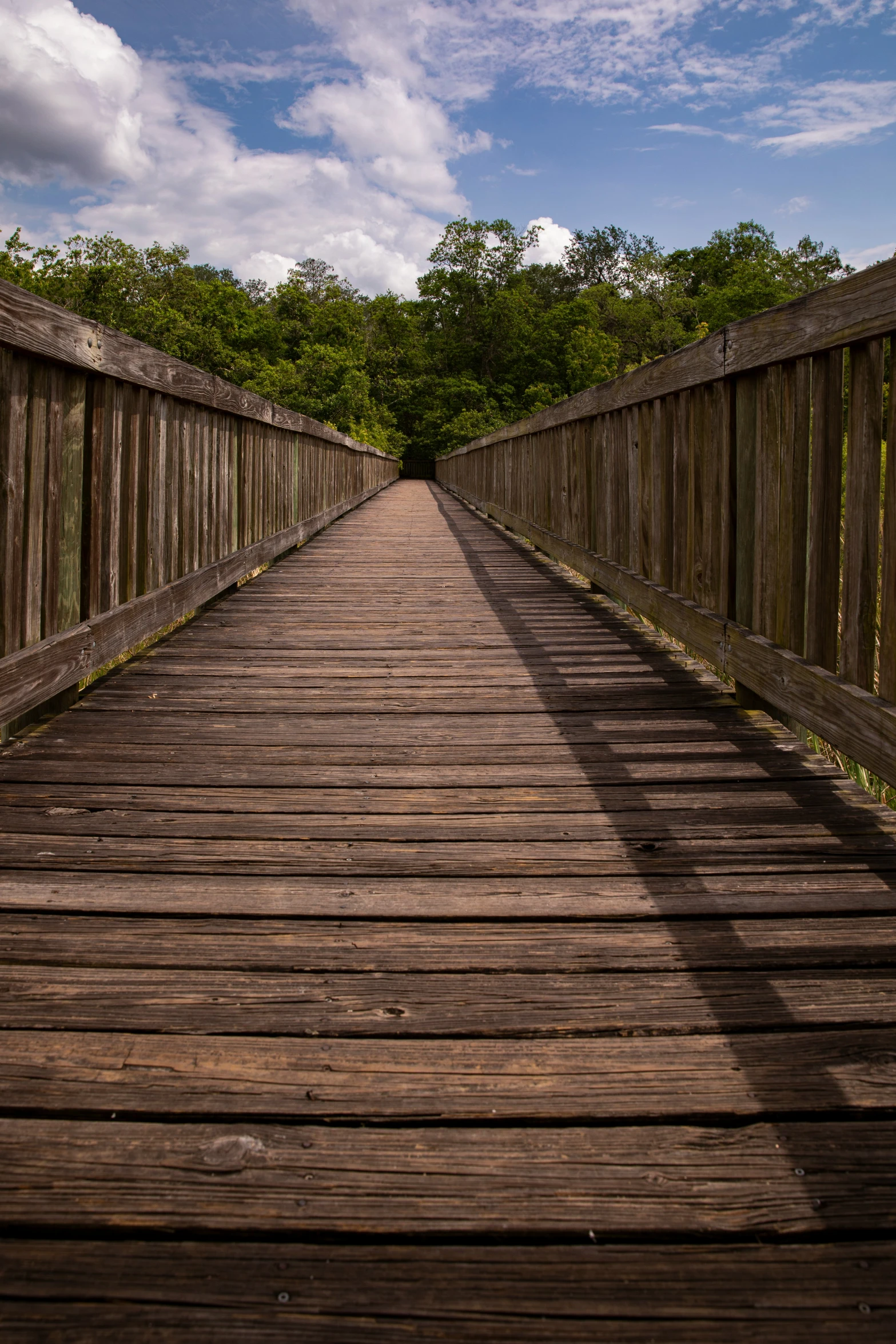 a wooden bridge with two levels leading to the woods