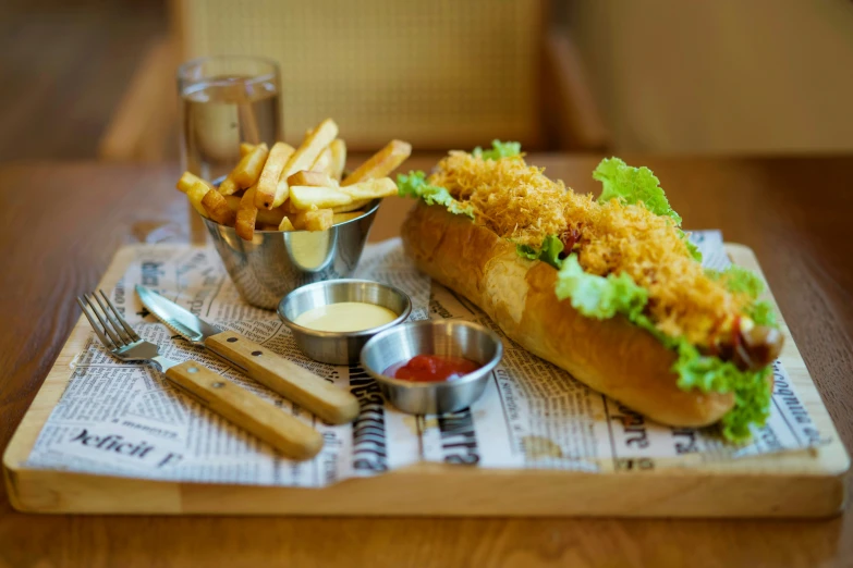 a wooden tray with french fries and a chicken sandwich