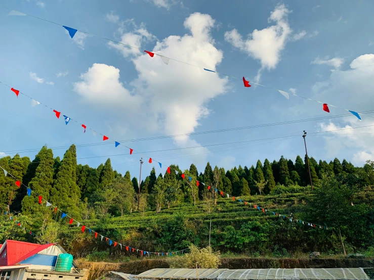 a row of colorful kites are flying through the sky