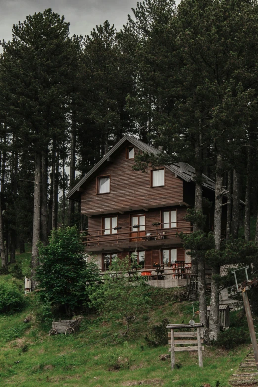 a cabin in a forest with large windows