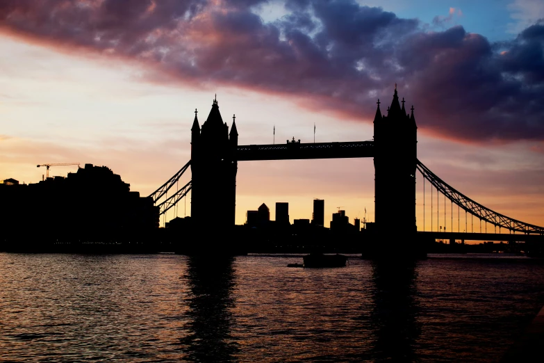 tower bridge and skyline in the distance with bright orange sunset