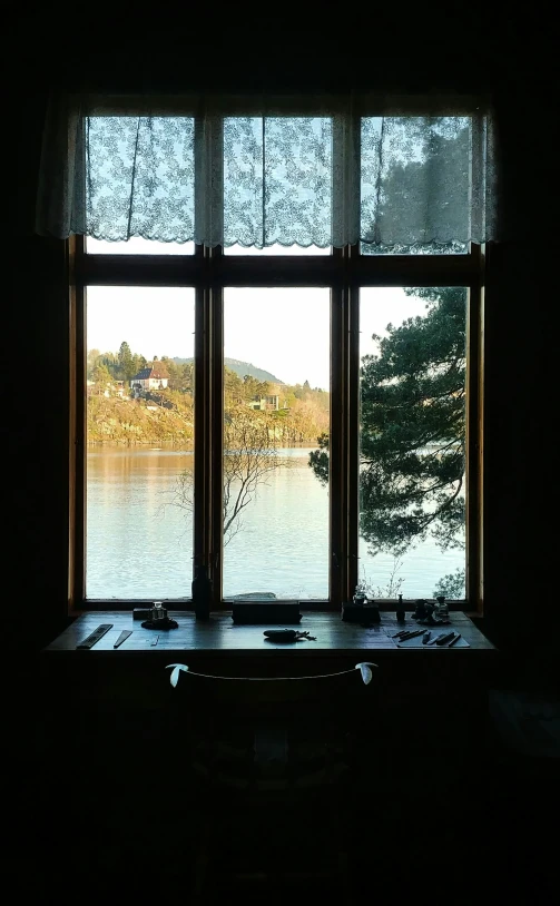 the view of the lake through a window