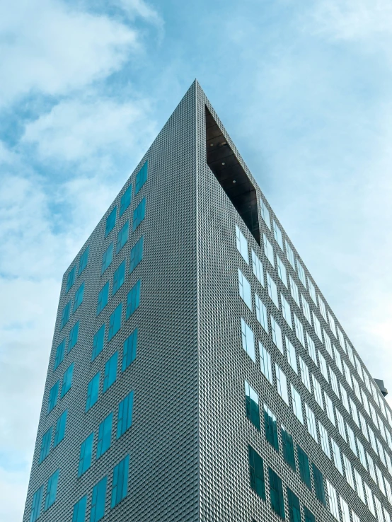 blue and white lines on the side of an office building