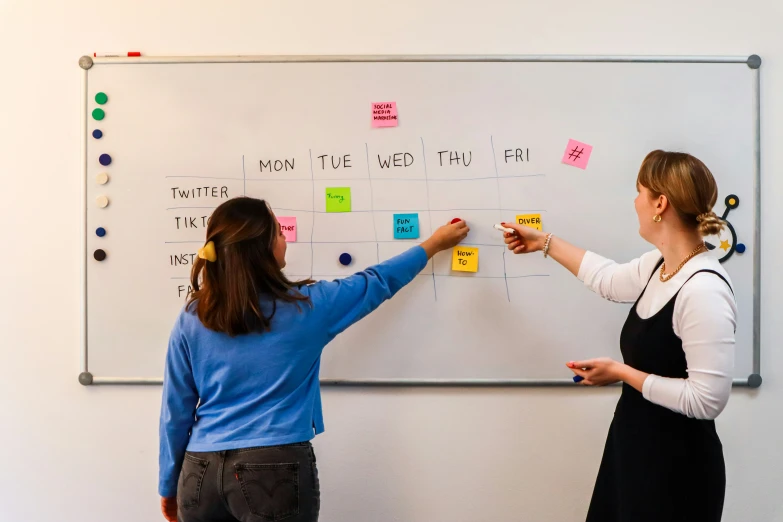 two women pointing on a white board that has post it notes all over