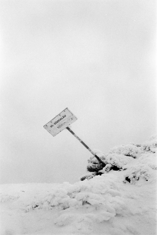 the sign is leaning up against the snow