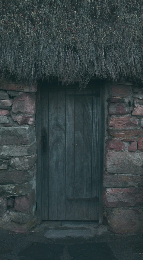 the old wood and stone buildings has grass on top