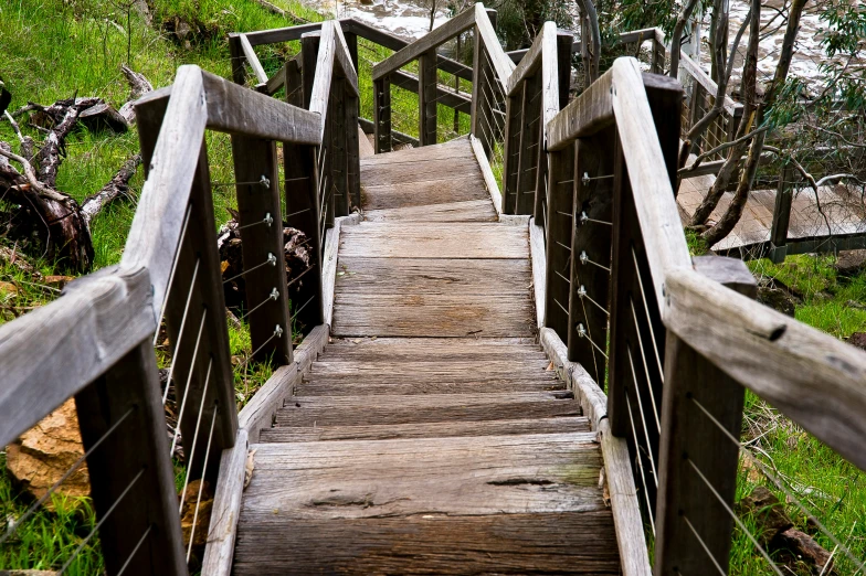 the wooden stairs are leading to some water