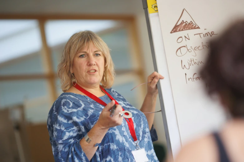 a woman writing on a white board and pointing to it