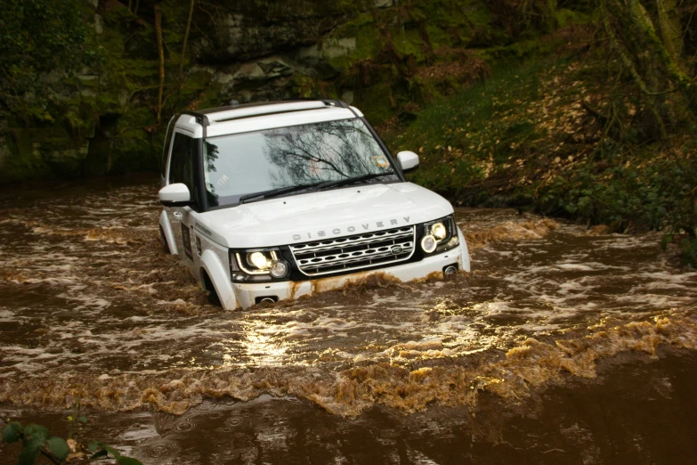 a white truck in a muddy, wooded area