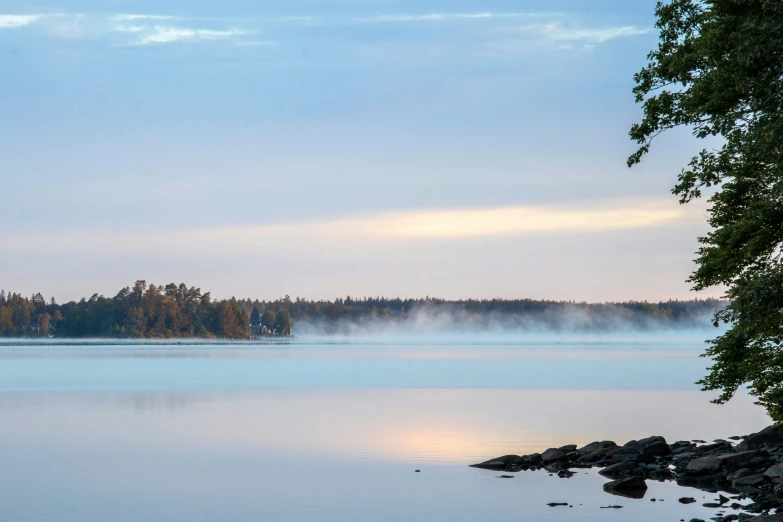 a boat is on a calm lake, surrounded by a few pine trees